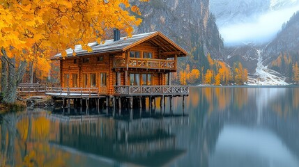 Fototapeta premium Serene Autumn Lake House in the Alps