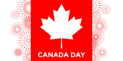 Canada Day poster with fireworks, maple leaf. Independence day Canada banner. Vector Illustration