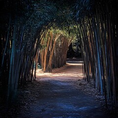 Serene bamboo forest with clear, calm path through tall stalks
