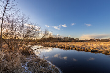 A field with a body of water and a tree in the foreground
