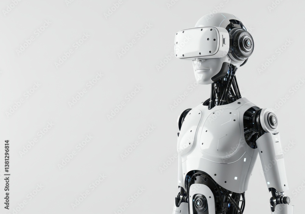 Poster futuristic humanoid robot with vr glasses. artificial intelligence in virtual reality. future techno