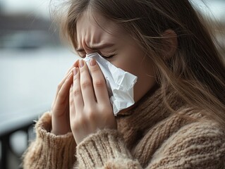 Young woman suffering from allergy symptoms while holding tissue, experiencing discomfort outdoors, emotional expression, health issue, allergy awareness concept