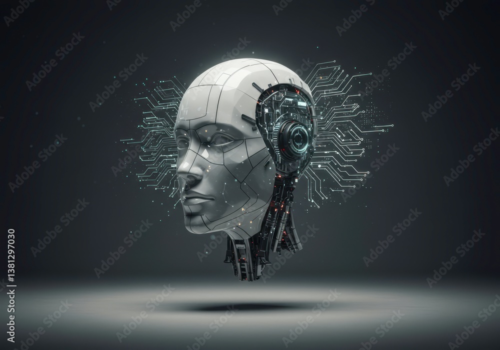 Poster futuristic robot with artificial neural networks, ai technology. concept of cyber communication, sci