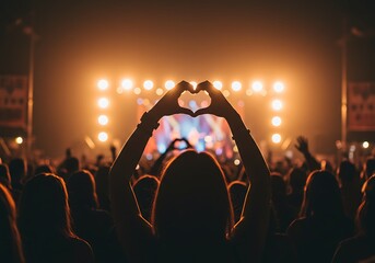 A lone concertgoer expresses boundless love and unity, creating a heart shape with their hands against a radiant stage backdrop of warm, golden lights.