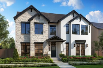 New modern house design showcasing unique architecture with a blend of stone and stucco elements located in a serene neighborhood during sunny weather