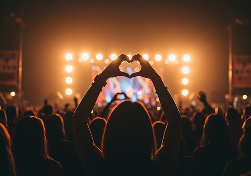 A lone concertgoer expresses boundless love and unity, creating a heart shape with their hands against a radiant stage backdrop of warm, golden lights.