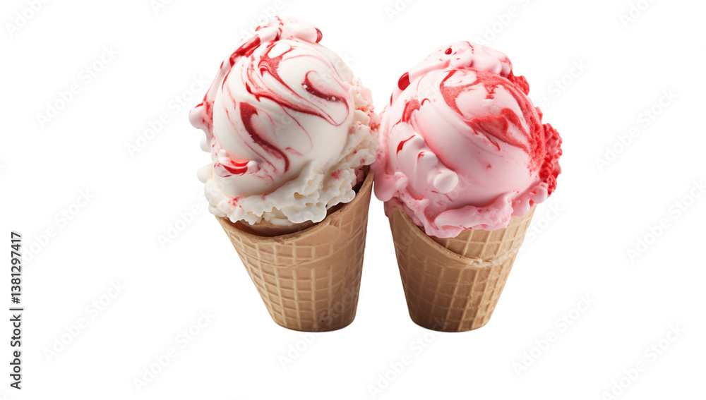 Poster two ice cream cones with strawberry swirl on a in a studio setting close up view on transparent back