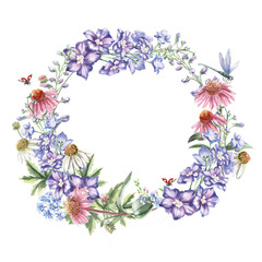Round frame with bouquet, ladybug and dragonfly. Isolated watercolor illustration of garden flowers for design of cosmetic products, printing on posters, clothes.