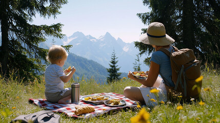 Family picnic in the mountains with child and baby outdoors