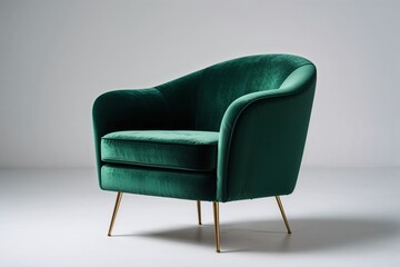 Elegant Green Velvet Armchair with Gold Legs on White Background