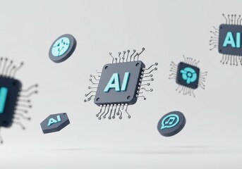 Artificial intelligence technology concept. AI microchip processor with circuit board, music, speech, brain icons for machine learning solution, digital solutions, data science