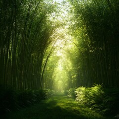 Vibrant Bamboo Forest with Tranquil Pathway Through Lush Greenery