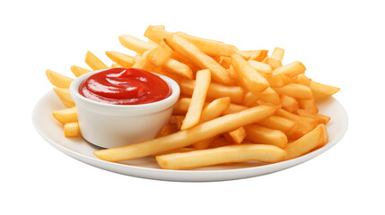 Delicious french fries with ketchup on a white plate perfect snack food photography image isolated on transparent background	