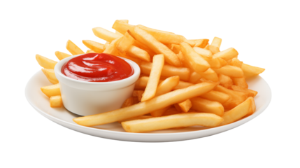 Delicious french fries with ketchup on a white plate perfect snack food photography image isolated on transparent background	