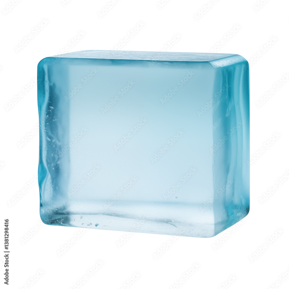 Poster a single translucent light blue ice cube against a solid in a studio shot on transparent background 