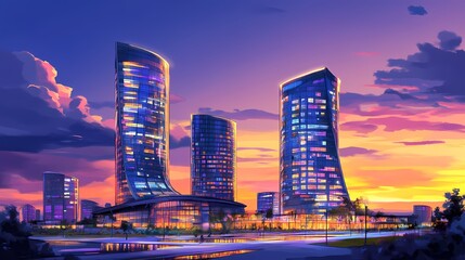 Fototapeta premium Sunset cityscape of modern skyscrapers