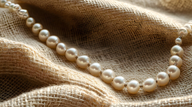 una tela de yute o manta con un collar de perlas brillantes hermosas elegantes y glamour joyas de lujo sobre una manta 