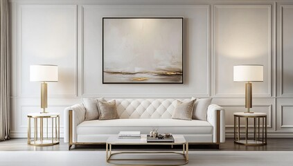 Elegant, modern living room with cream sofa, gold accents, and art © Adri
