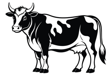 Standing Dairy Cow Illustration, Black and White Farm Animal, Isolated on White