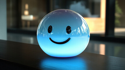Glowing Smiley Face Sphere Lamp with Blue Light on Wooden Table in Modern Interior