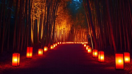 A bamboo forest illuminated by rows of red lanterns casting a warm light across the scene