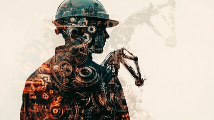 Double Exposure of Mechanical Engineer in Hard Hat Overlaid with Precision Gears and Robotic Arms in Motion