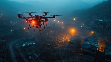 Fototapeta premium A drone surveying a devastated area at twilight is shown