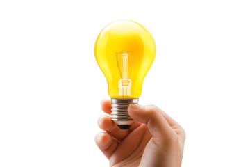 Hand holding a lit yellow light bulb against a dark background in a studio shot view close up on transparent background png