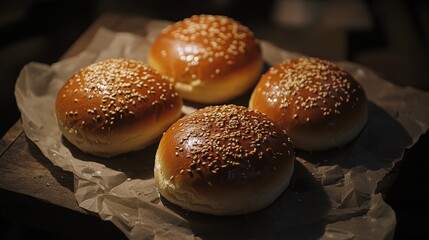 Freshly baked sesame seed burger buns on parchment paper