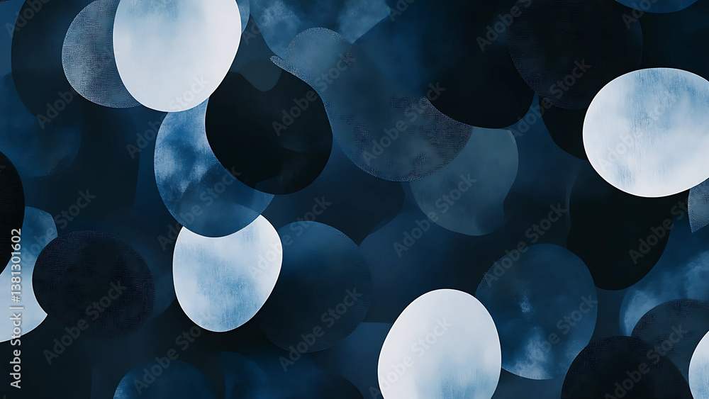 Poster abstract circular layers in shades of blue and white overlapping on dark contrasting background