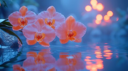 Serene pink orchids reflecting in tranquil water at dusk with soft bokeh lights