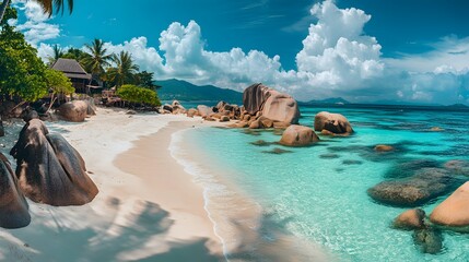 Golden Sandy Beach with Crystal Clear Water and Tropical Landscape