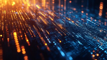 Abstract digital landscape with orange and blue lights streaming across the surface view