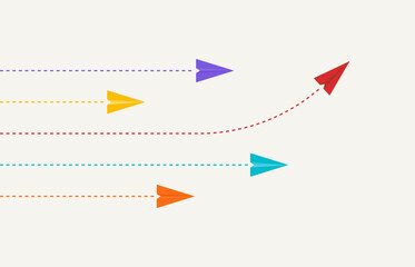 Leadership or different concept. Business investment to success. Red and white paper airplane  route line on blue background.