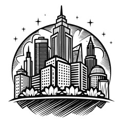 Fototapeta premium Monochrome Cityscape Sketch Buildings, Circle Frame, Stars, Minimalist Black and White