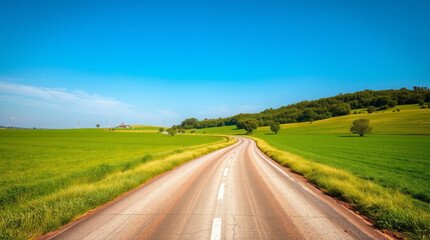 Fototapeta premium Scenic winding road through lush green fields under clear blue sky 