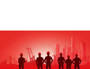 banner z sylwetkami praconików budowlanych / architektami patrzącymi na rozbudowywane miasto na biało - czerwonym tle ; flaga Polski; przestrzeńna tekst