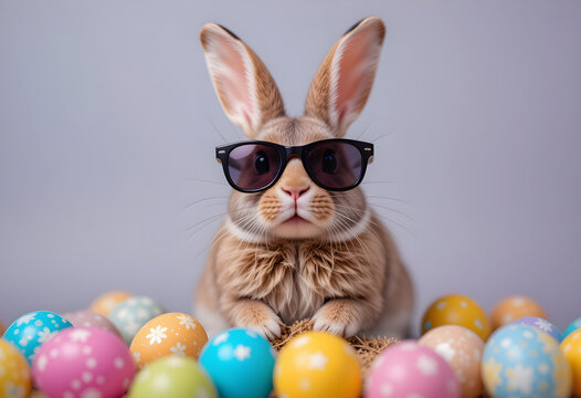 easter bunny with easter eggs, rabbit buny wearing black sunglass and setting on colorful easter eggs, easter day celebration concept