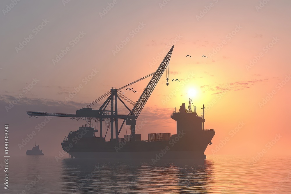 Poster container cargo freight ship with working crane bridge in the sea for logistic import export backgro