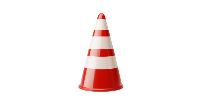 Stock photo of red and white traffic cone for road safety construction site and hazard warning isolated on transparent background	