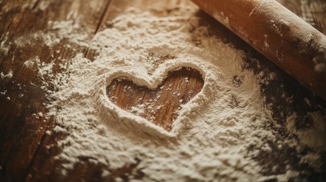 Heart shape in flour on rustic wooden surface with rolling pin