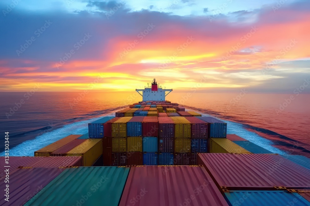 Poster container cargo freight ship with working crane bridge in the sea for logistic import export backgro