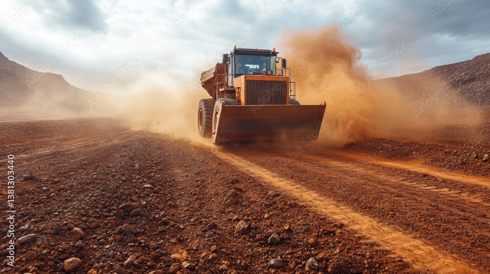 Poster a large bulldozer moves across a barren mining landscape, kicking up dust as it performs excavation 