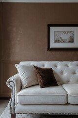 Cream sofa with brown accent pillow, against a warm brown wall, featuring an antique-style framed print