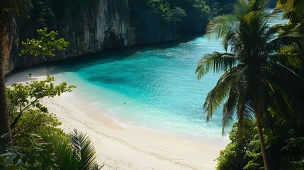 Tropical Beach with Turquoise Water, Lush Palm Trees, and Sand