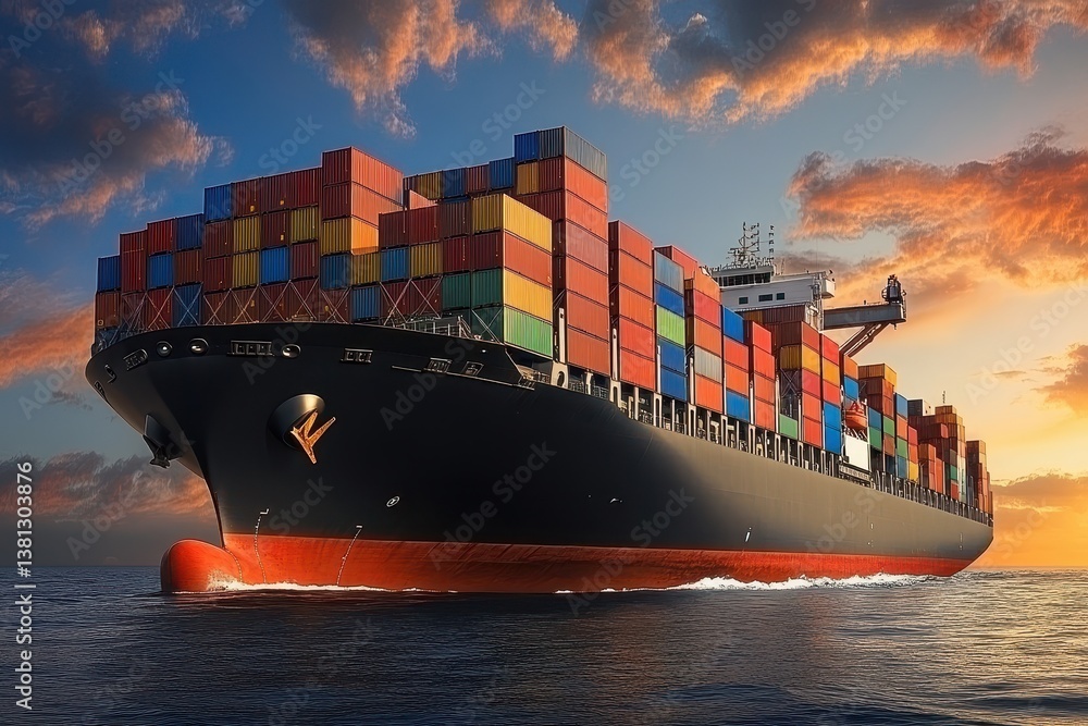 Poster container cargo freight ship with working crane bridge in the sea for logistic import export backgro