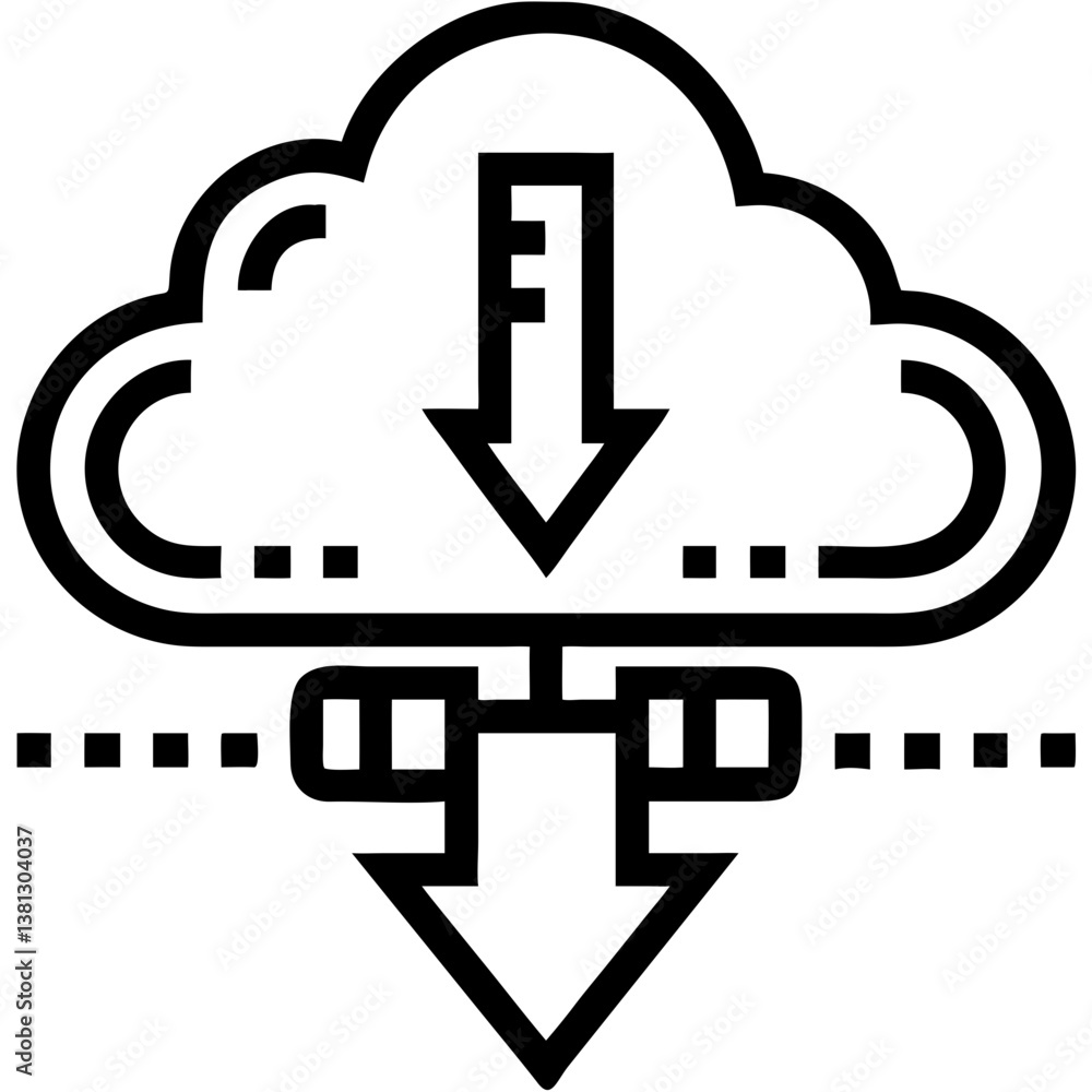 Poster downloading icon with an arrow and cloud on a white background for digital content retrieval concept