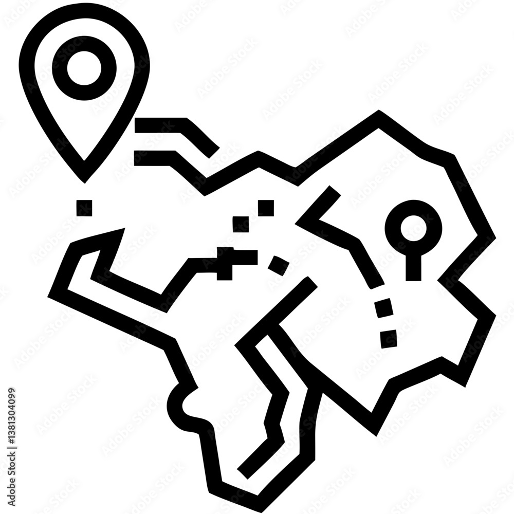 Poster map icon with location markers, representing navigation and travel, minimalist style, black and whit