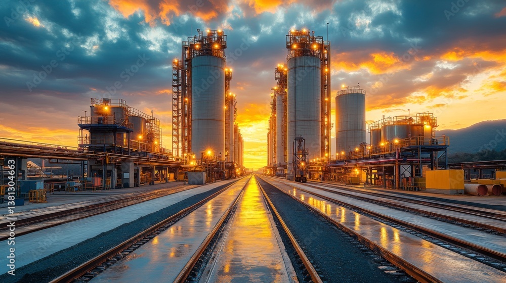 Aufkleber sunset light illuminates a mining and extraction facility featuring large silos and railway tracks r