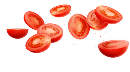 Fresh tomato slices falling isolated on black background for cooking and food photography isolated on transparent background	